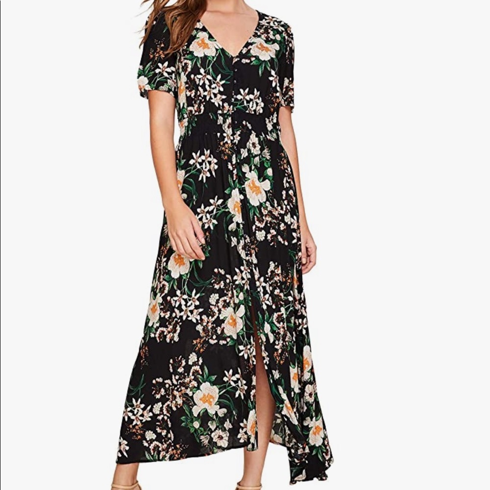 Flowy Floral Black Maxi Dress with Buttons